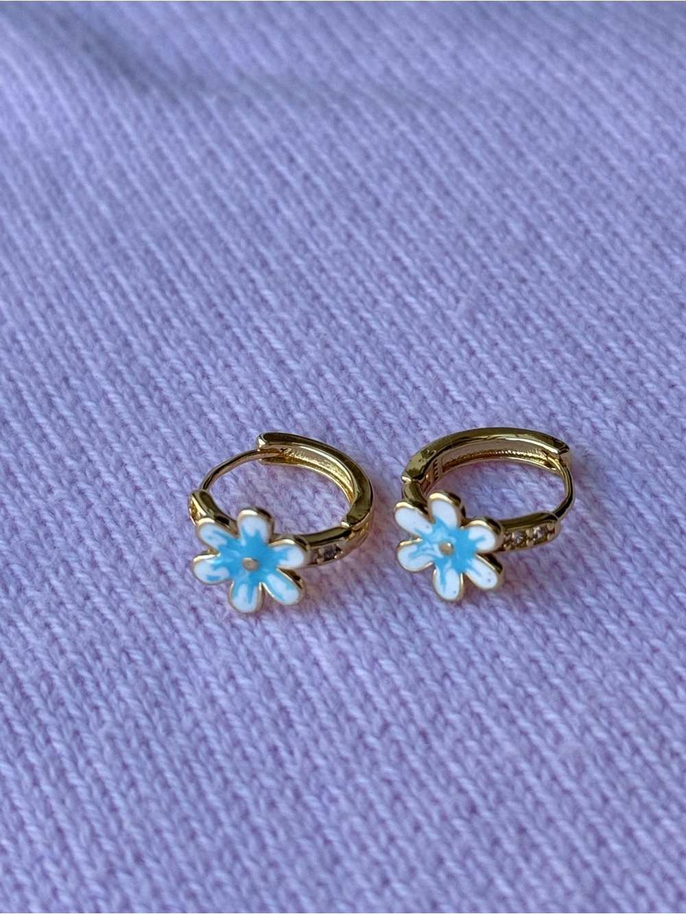 Gold Hoop Earrings with Blue Flower for Kids